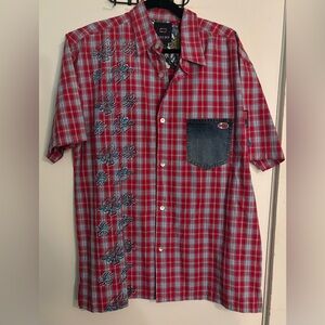 Y2K Bugle Boy Vintage Plaid Shirt Denim Pocket Button Up Red Blue Medium